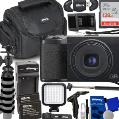 Outlet Ricoh GR IIIx Digital Camera + SanDisk 128GB Ultra SDXC Memory Card, 2X Replacement Batteries, LED Light Kit with Mounting Bracket, Selfie Stick & Much More (22pc Bundle)
