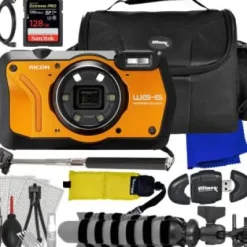 Online Ricoh WG-6 Digital Camera (Orange) + SanDisk 128GB Extreme Pro SDXC, Selfie-Stick, Water-Resistant Gadget Bag, â€œGripsterâ€ Tripod & More (21pc Bundle)