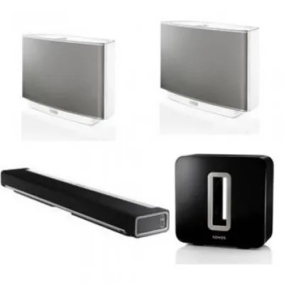 Clearance Sonos Deluxe Royalty Kit (Featuring:) PLAYBAR Wireless Soundbar + 2 PLAY:5 Speakers (White) and SUB Wireless Subwoofer (Black Gloss)